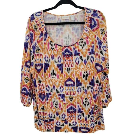 Chicos Multicolor 3/4 Sleeve Boho Peasant Top Sz 3 Ikat‎ Colorful Tribal Rayon - Picture 9 of 9